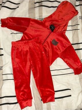 NWOT My Destiny Baby Girl 12M Red Velour Tracksuit - Sequin Kitty